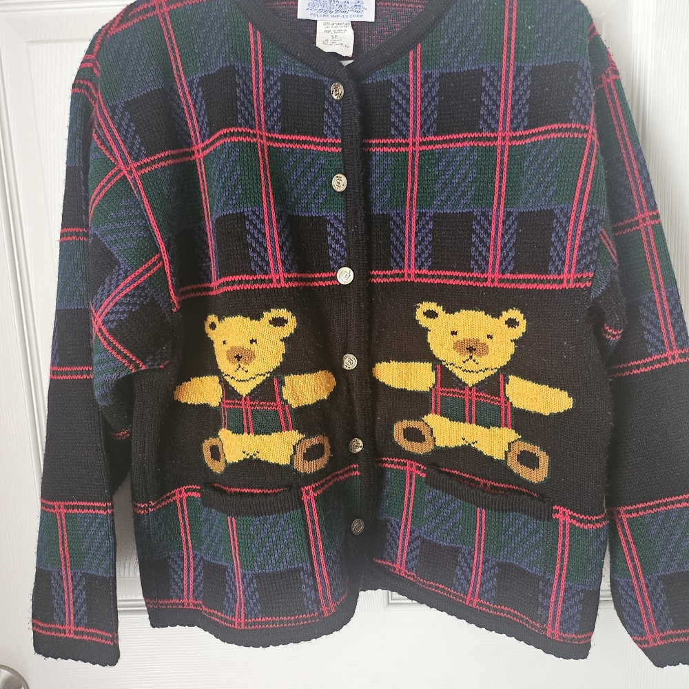 Tally Ho Black Plaid Knit Cardigan with Yellow Teddy Bears